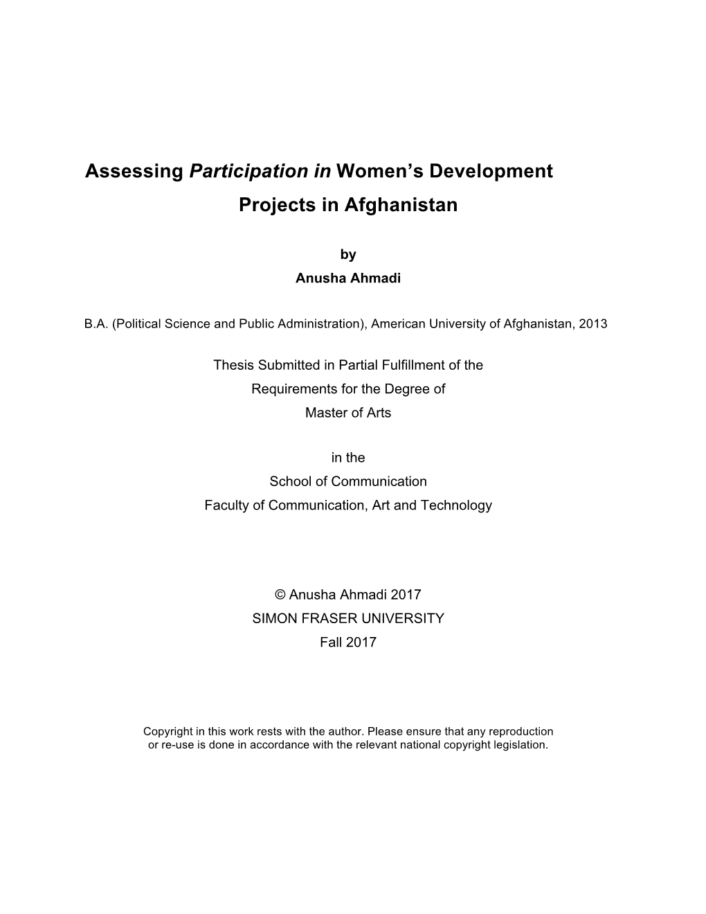 Assessing Participation in Women's Development Projects in Afghanistan