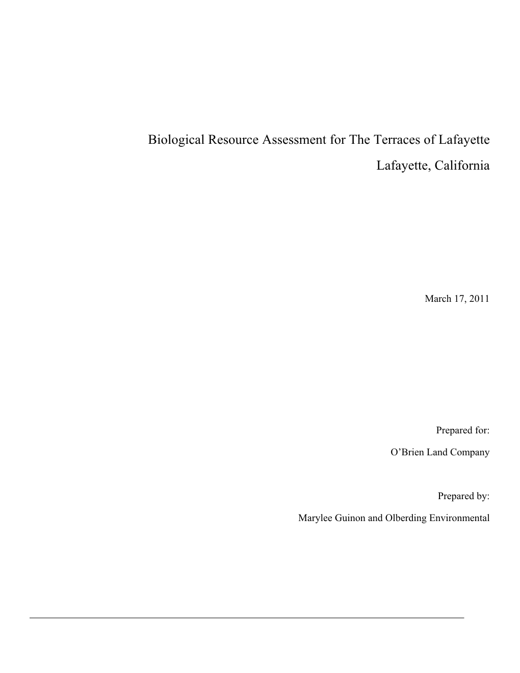 Biological Resource Assessment for the Terraces of Lafayette Lafayette, California