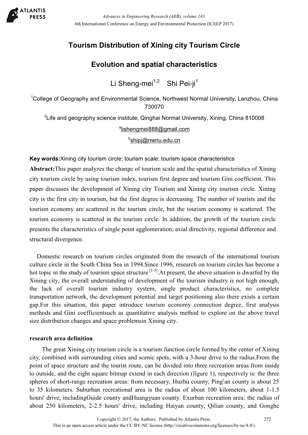 Tourism Distribution of Xining City Tourism Circle Evolution And