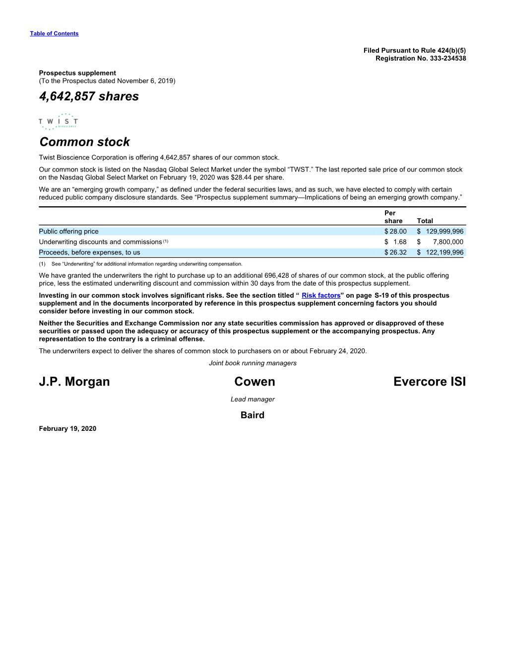 4,642,857 Shares Common Stock J.P. Morgan Cowen Evercore