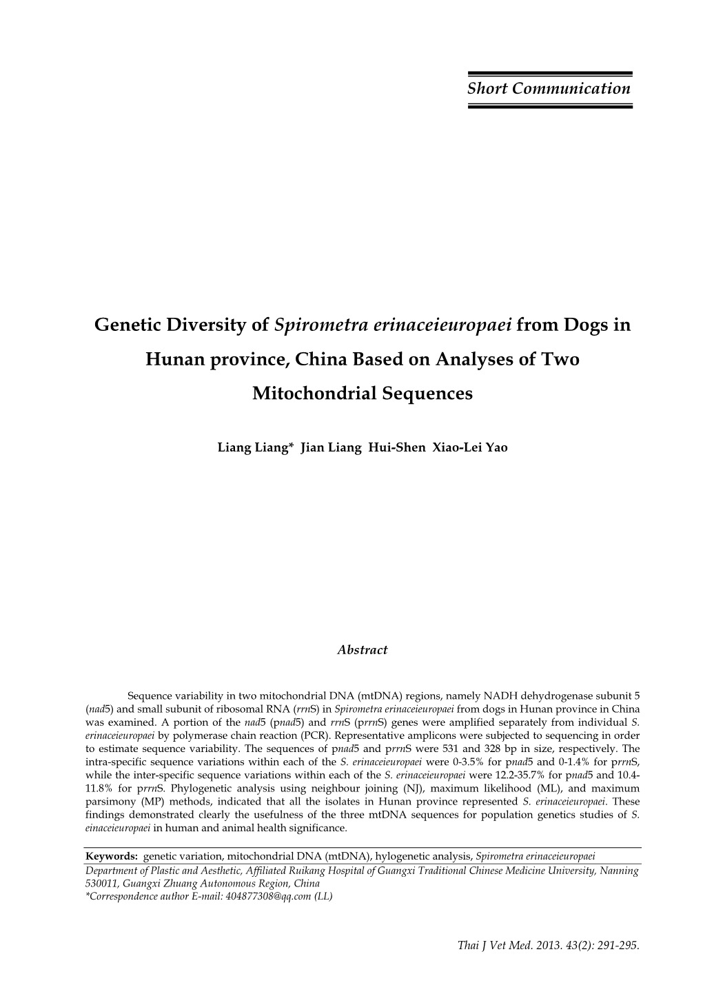 Genetic Diversity of Spirometra Erinaceieuropaei from Dogs in Hunan Province, China Based on Analyses of Two Mitochondrial Sequences