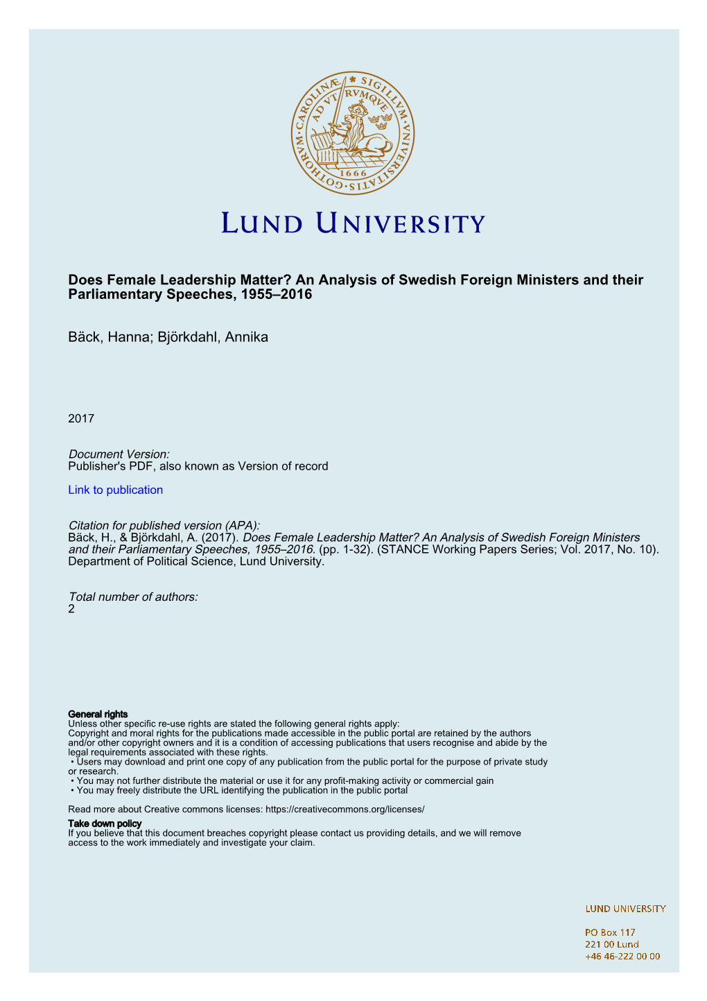 Does Female Leadership Matter? an Analysis of Swedish Foreign Ministers and Their Parliamentary Speeches, 1955–2016