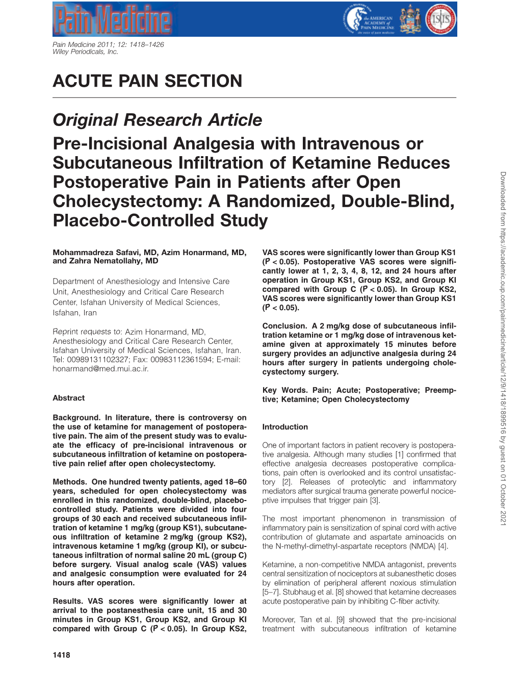 Preincisional Analgesia with Intravenous Or Subcutaneous