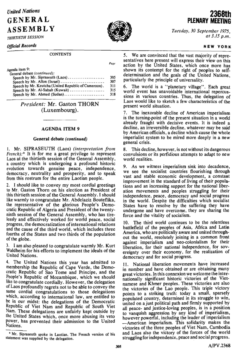 2368Th GENERAL PLENARY MEETING ASSEMBLY Tuesday, 30 September /975, THIRTIETH SESSION at 3.15 P.M