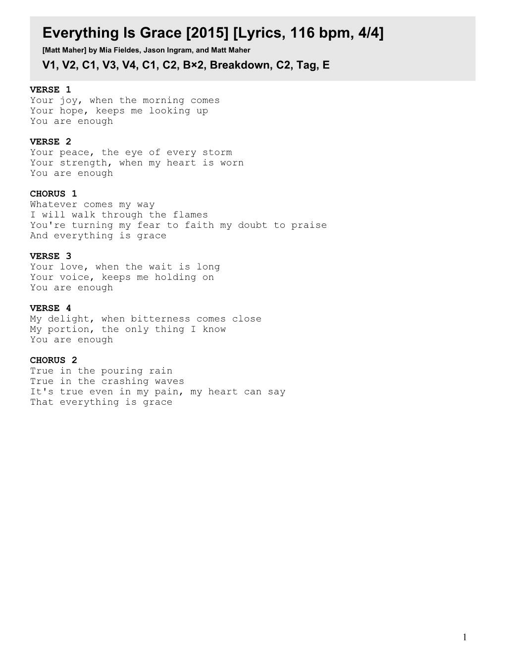 Everything Is Grace [2015] [Lyrics, 116 Bpm, 4/4] [Matt Maher] by Mia Fieldes, Jason Ingram, and Matt Maher V1, V2, C1, V3, V4, C1, C2, B×2, Breakdown, C2, Tag, E