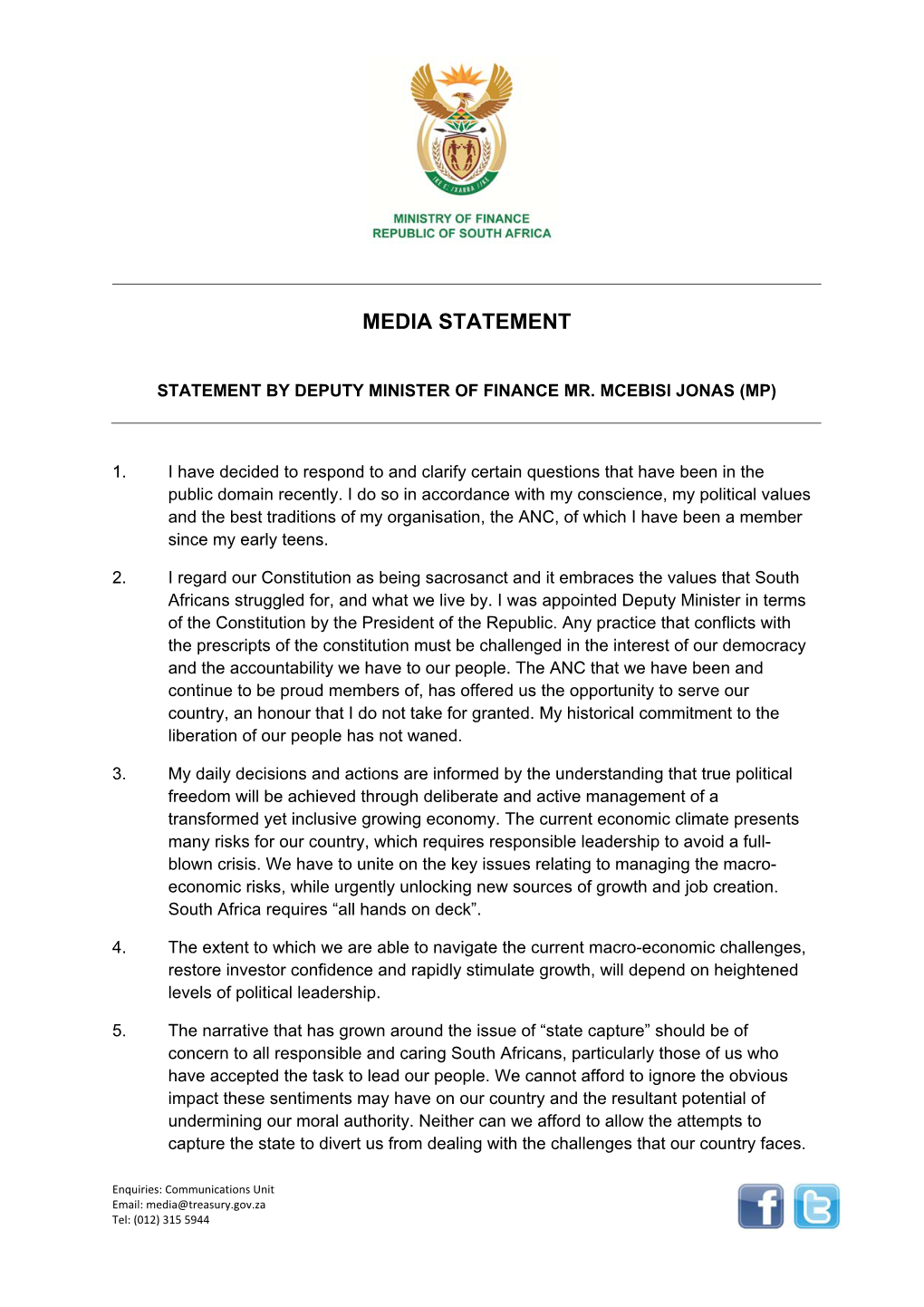 Statement by Deputy Minister of Finance Mr. Mcebisi Jonas (Mp)