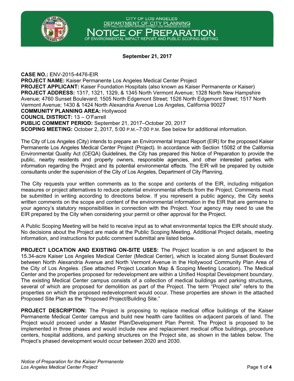 Notice of Preparation of ENVIRONMENTAL IMPACT REPORT and PUBLIC SCOPING MEETING