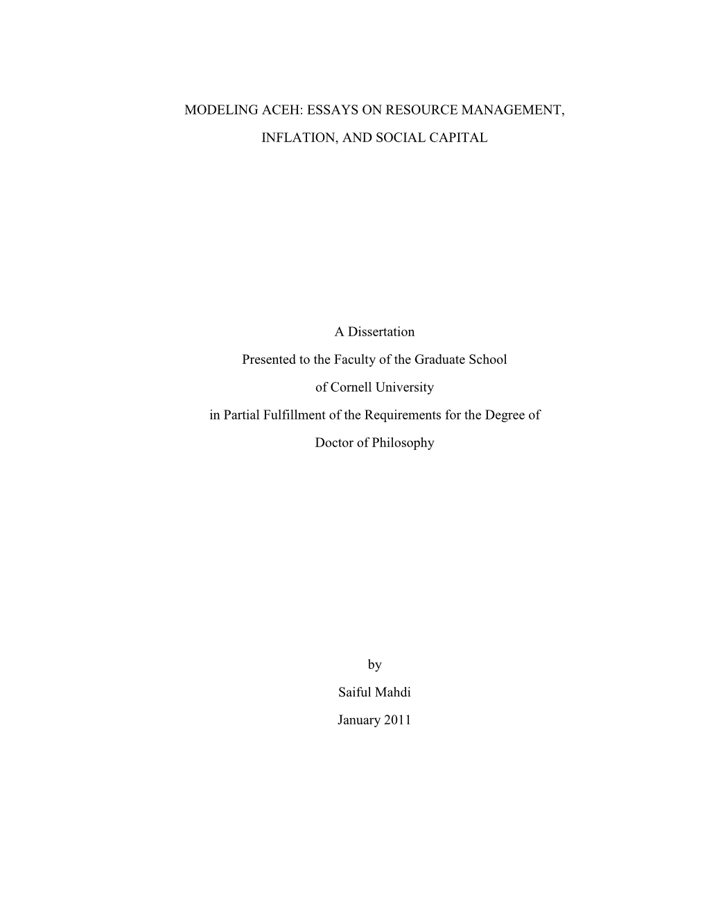Modeling Aceh: Essays on Resource Management, Inflation, and Social Capital