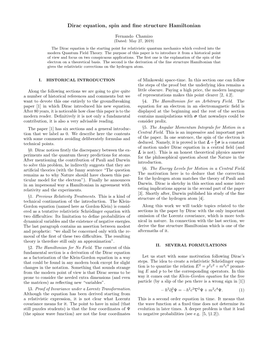 Dirac Equation, Spin and Fine Structure Hamiltonian