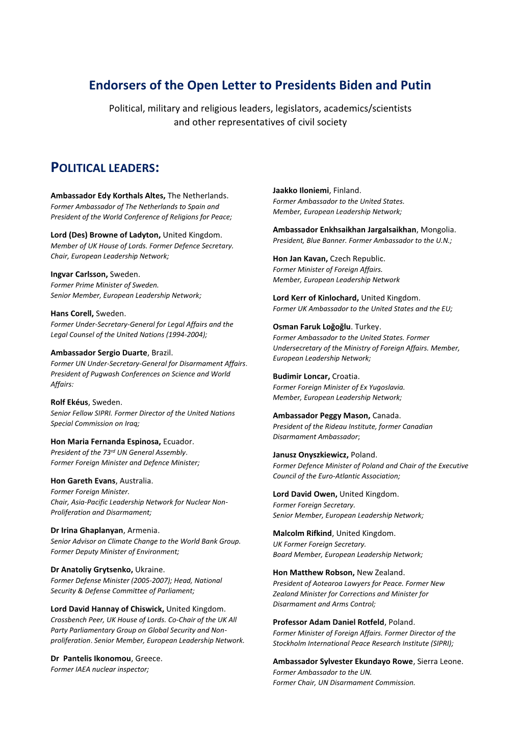 Endorsers of the Open Letter to Presidents Biden and Putin