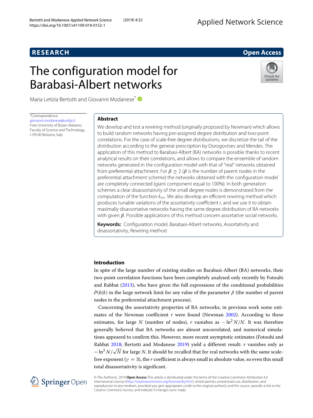 The Configuration Model for Barabasi-Albert Networks Maria Letizia Bertotti and Giovanni Modanese*