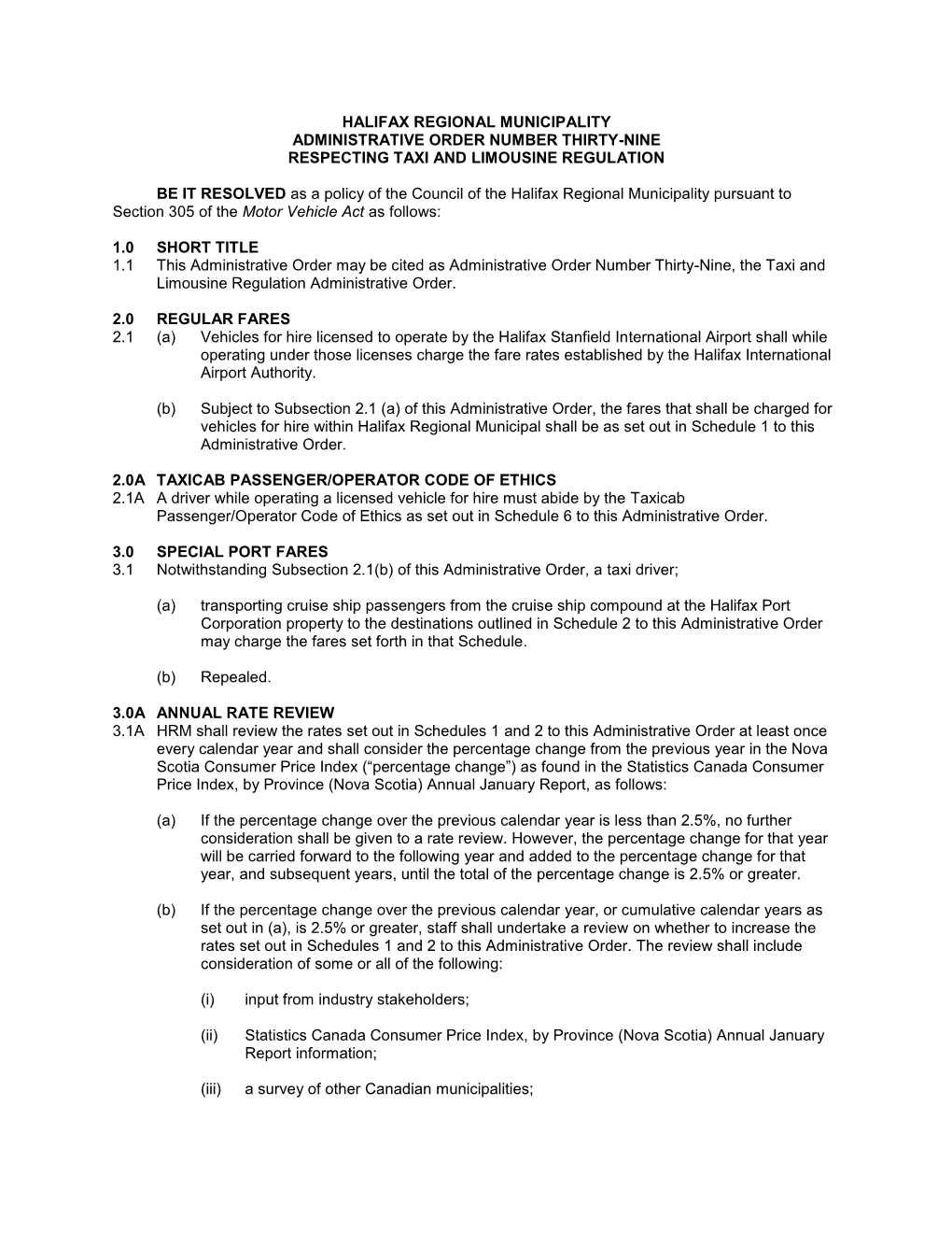 Administrative Order 39, Respecting Taxi and Limousine Regulations