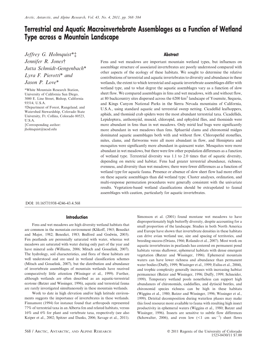 Terrestrial and Aquatic Macroinvertebrate Assemblages As a Function of Wetland Type Across a Mountain Landscape