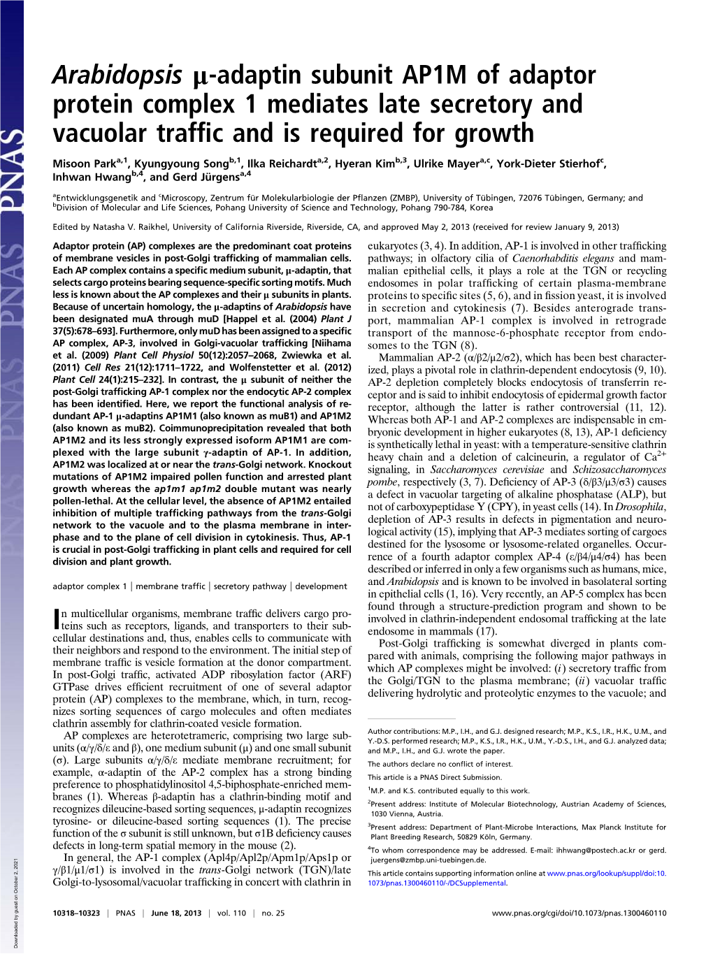 Arabidopsis Μ-Adaptin Subunit AP1M of Adaptor Protein Complex 1 Mediates Late Secretory and Vacuolar Traffic and Is Required Fo