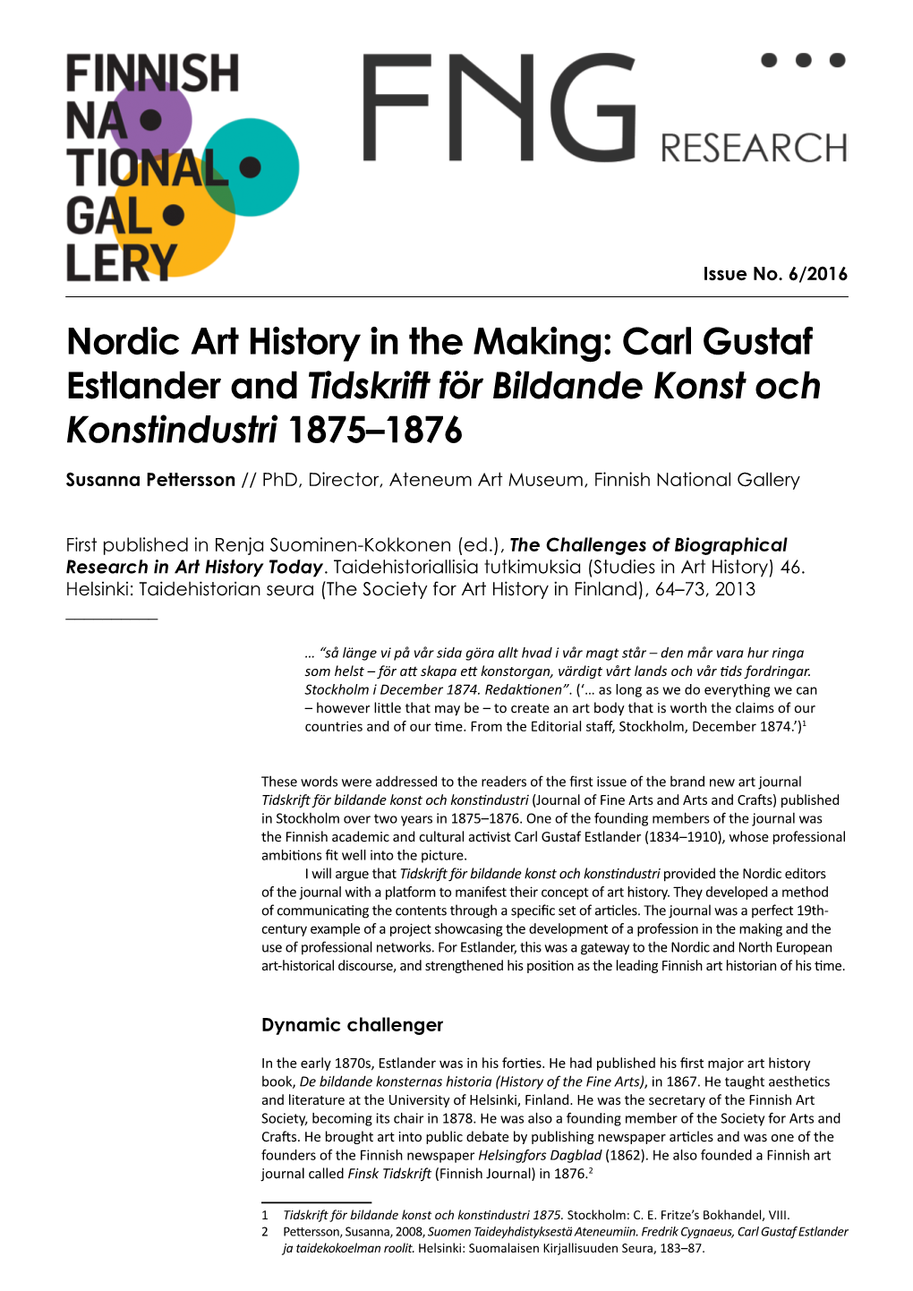Nordic Art History in the Making: Carl Gustaf Estlander and Tidskrift För Bildande Konst Och Konstindustri 1875–1876