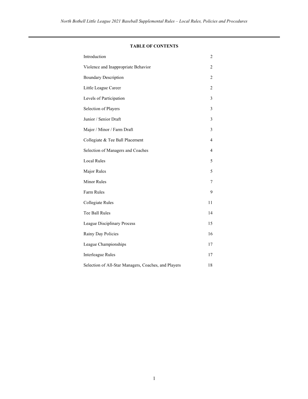 North Bothell Little League 2021 Baseball Supplemental Rules – Local Rules, Policies and Procedures