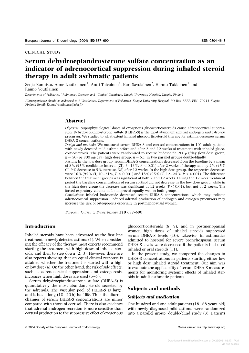 Serum Dehydroepiandrosterone Sulfate Concentration As an Indicator of Adrenocortical Suppression During Inhaled Steroid Therapy