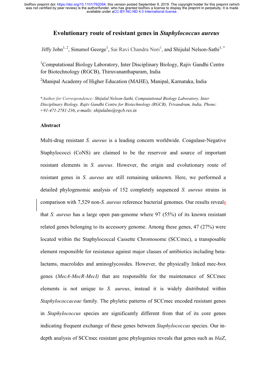 Evolutionary Route of Resistant Genes in Staphylococcus Aureus