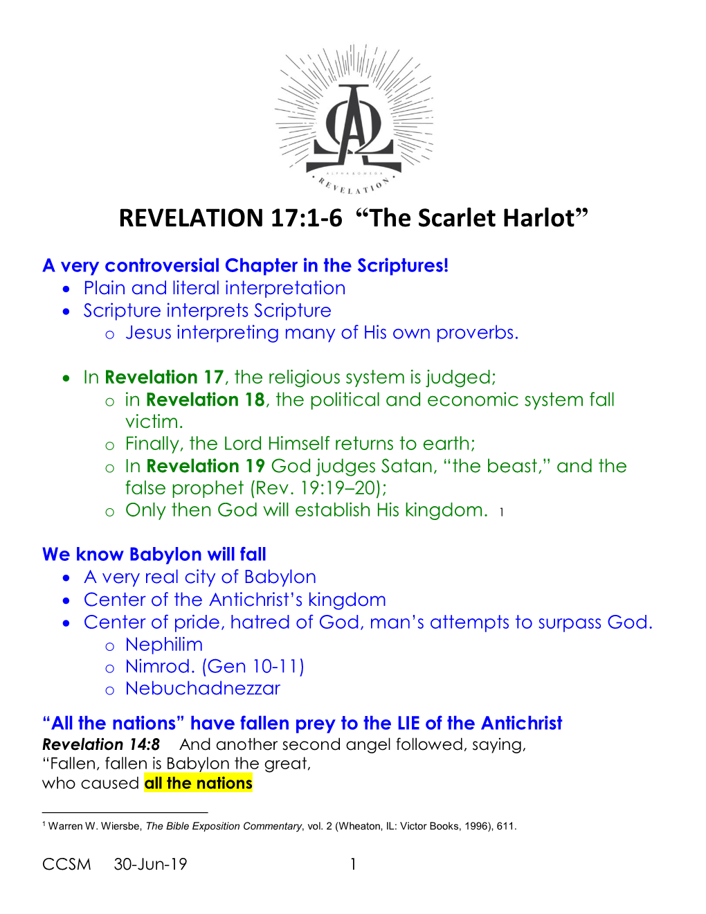 REVELATION 17:1-6 “The Scarlet Harlot”