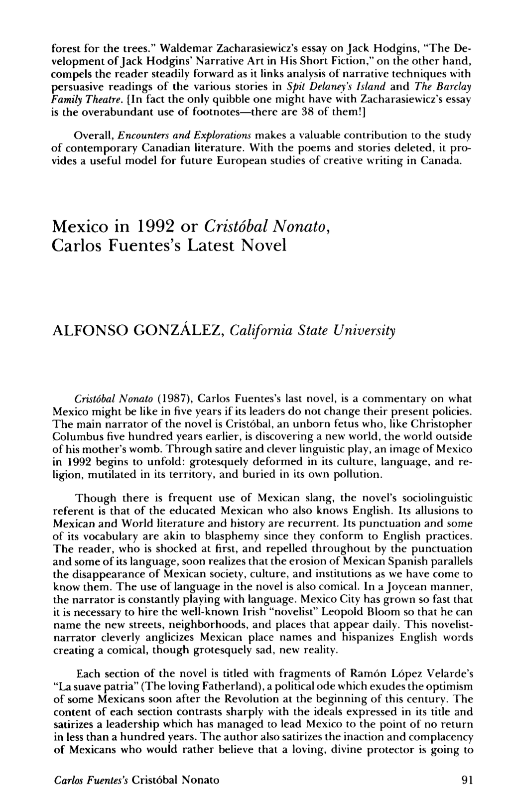 Mexico in 1992 Or Cristobal Nonato, Carlos Fuentes's Latest Novel