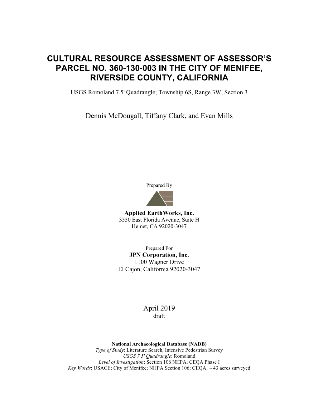 Cultural Resource Assessment of Assessor's Parcel No. 360-130-003 in the City of Menifee, Riverside County, California