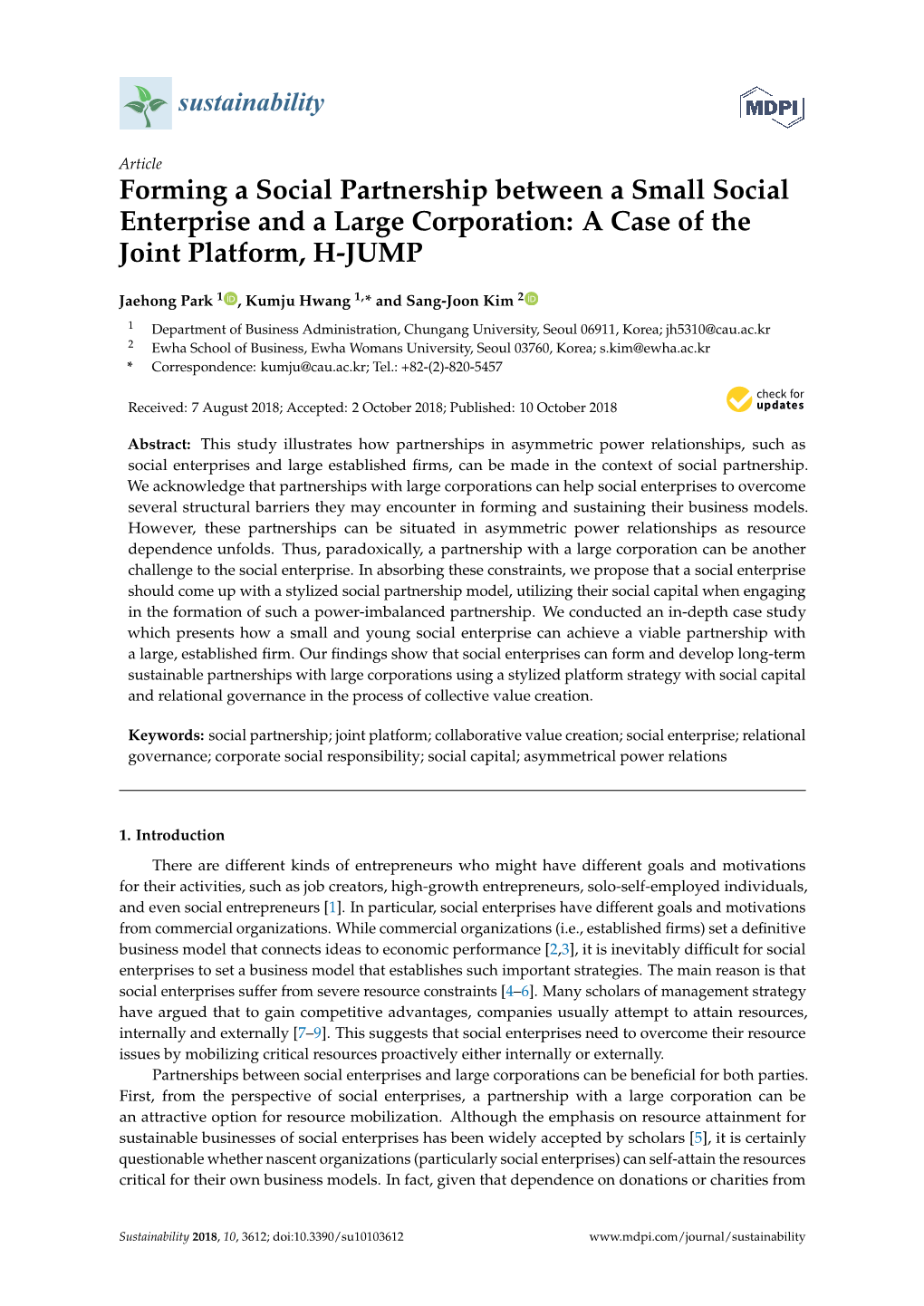 Forming a Social Partnership Between a Small Social Enterprise and a Large Corporation: a Case of the Joint Platform, H-JUMP