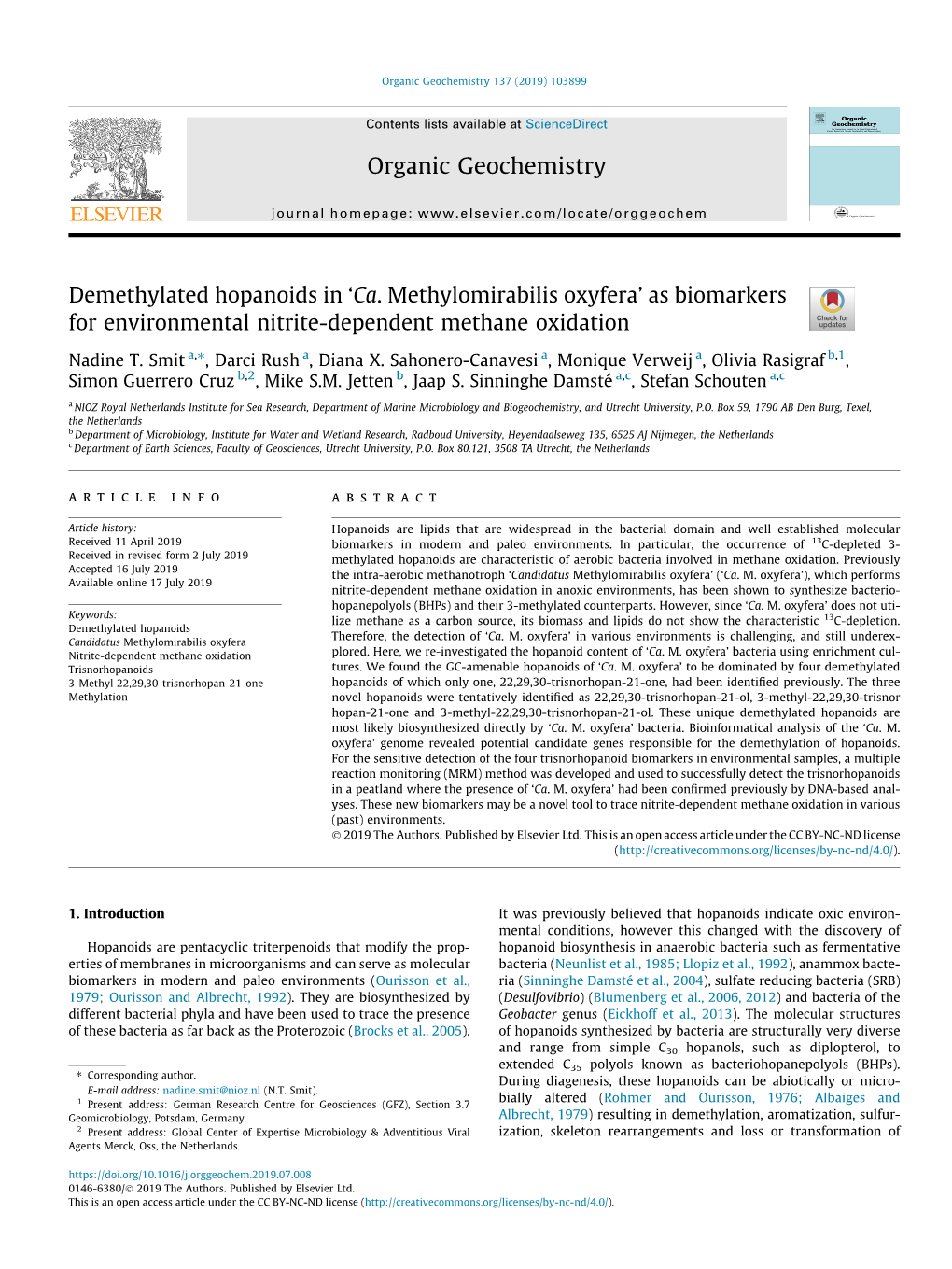 Demethylated Hopanoids in Â€˜Ca. Methylomirabilis Oxyferaâ€™ As