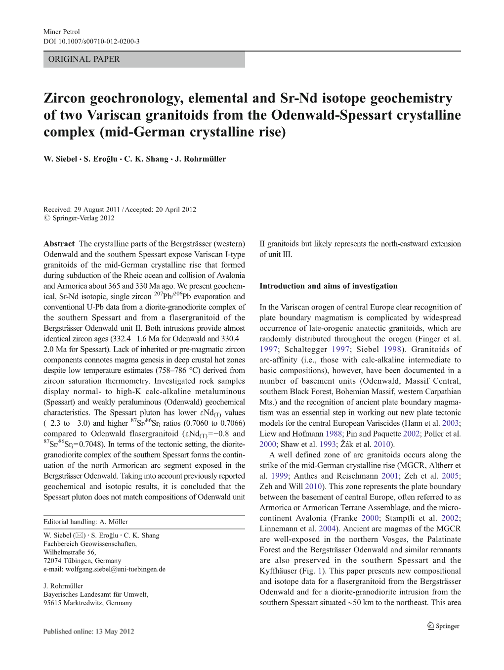 Zircon Geochronology, Elemental and Sr-Nd Isotope Geochemistry of Two Variscan Granitoids from the Odenwald-Spessart Crystalline Complex (Mid-German Crystalline Rise)