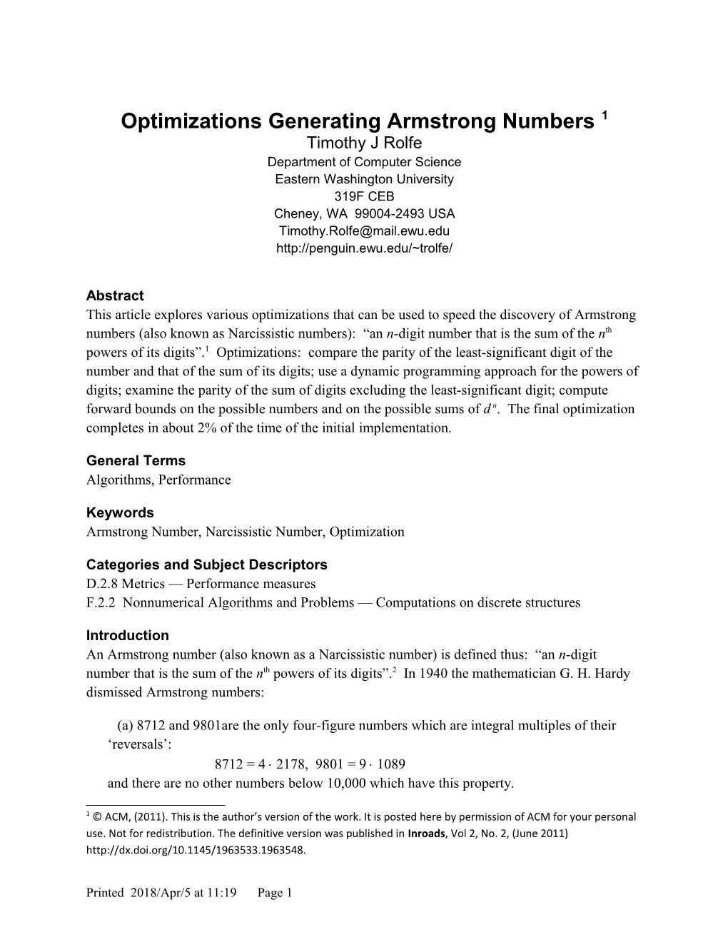 Optimizations Generating Armstrong Numbers