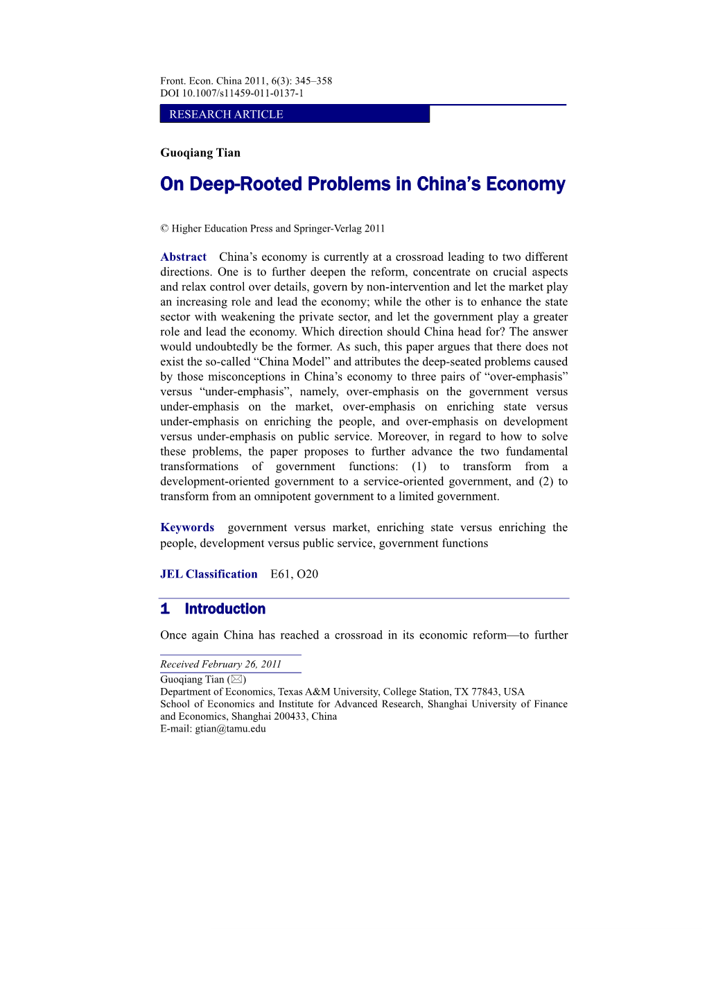 On Deep-Rooted Problems in China's Economy