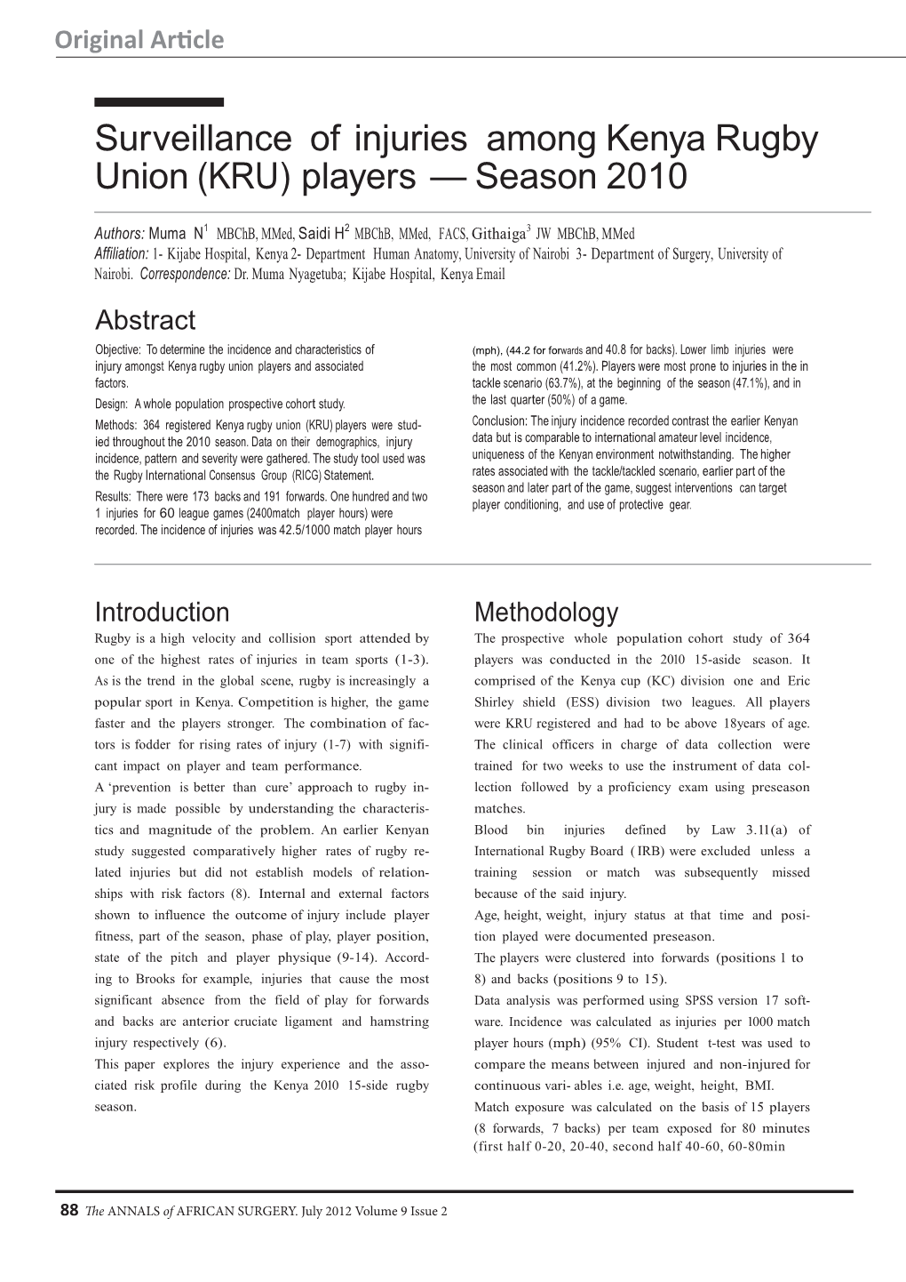 Surveillance of Injuries Among Kenya Rugby Union (KRU) Players — Season 2010