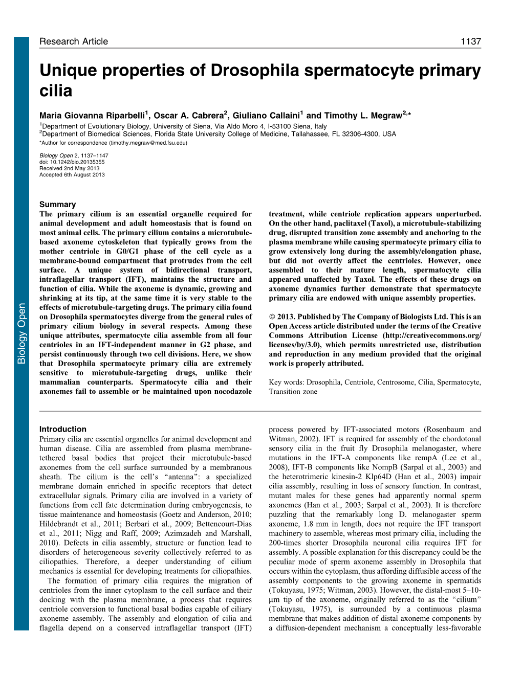 Unique Properties of Drosophila Spermatocyte Primary Cilia