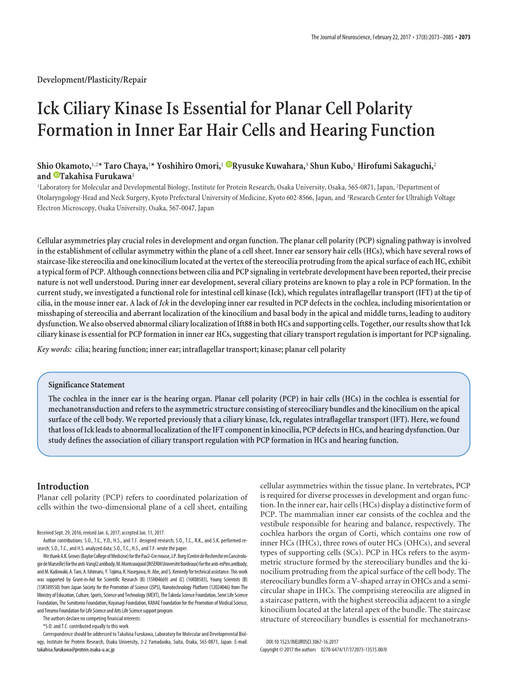 Ick Ciliary Kinase Is Essential for Planar Cell Polarity Formation in Inner Ear Hair Cells and Hearing Function