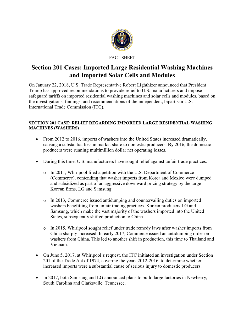 Section 201 Cases: Imported Large Residential Washing Machines and Imported Solar Cells and Modules on January 22, 2018, U.S