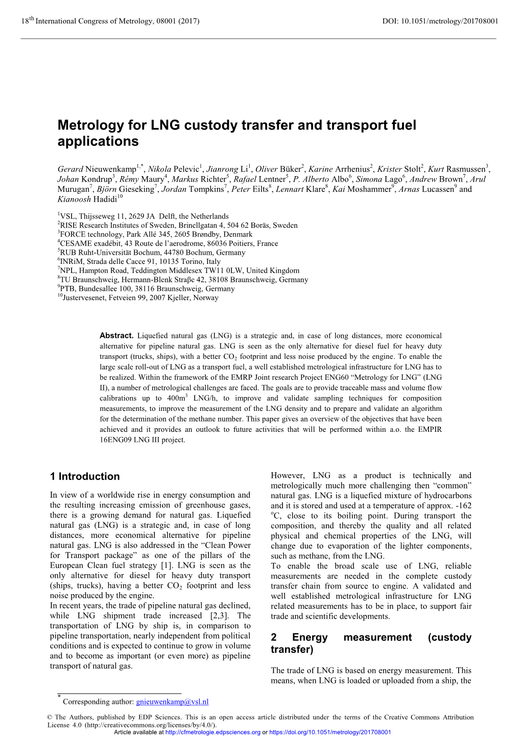 Metrology for LNG Custody Transfer and Transport Fuel Applications