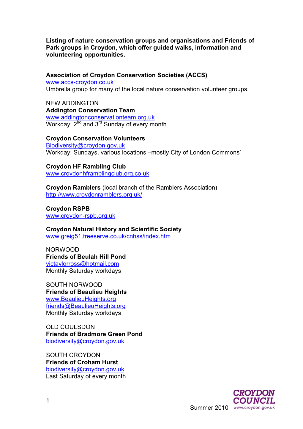 Listing of Nature Conservation Groups and Organisations and Friends of Park Groups in Croydon, Which Offer Guided Walks, Information and Volunteering Opportunities