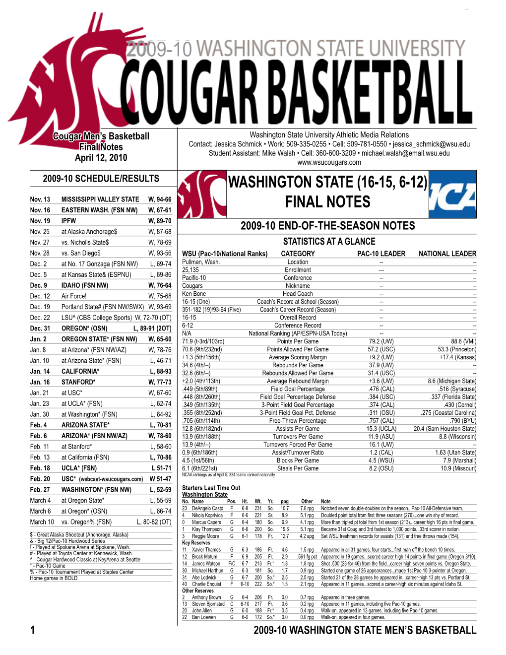 Washington State (16-15, 6-12) Final Notes