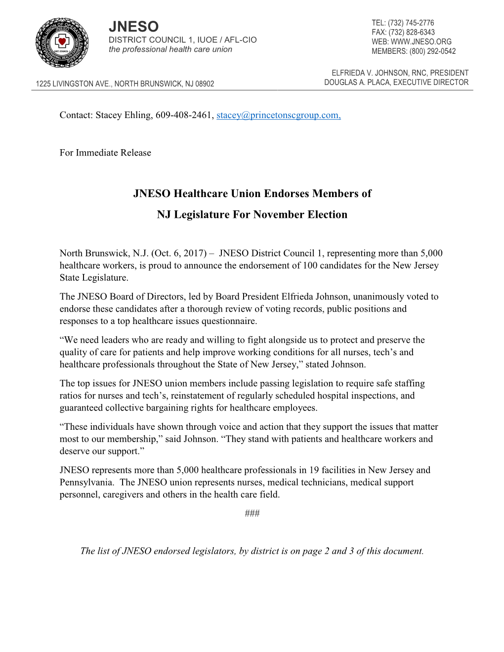 JNESO Healthcare Union Endorses Members of NJ Legislature for November Election