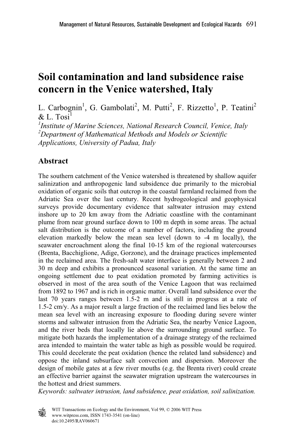 Soil Contamination and Land Subsidence Raise Concern in the Venice Watershed, Italy