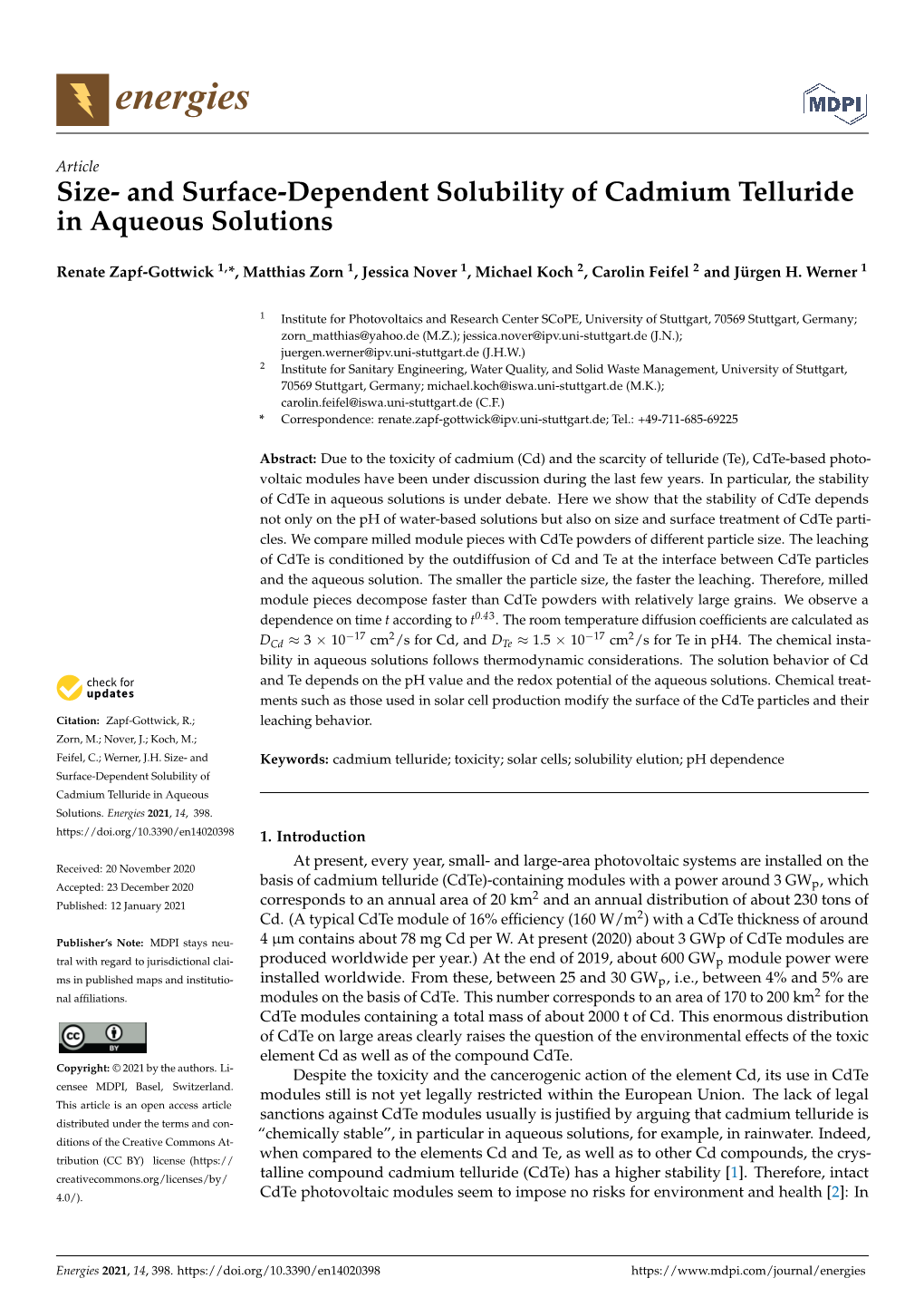 And Surface-Dependent Solubility of Cadmium Telluride in Aqueous Solutions