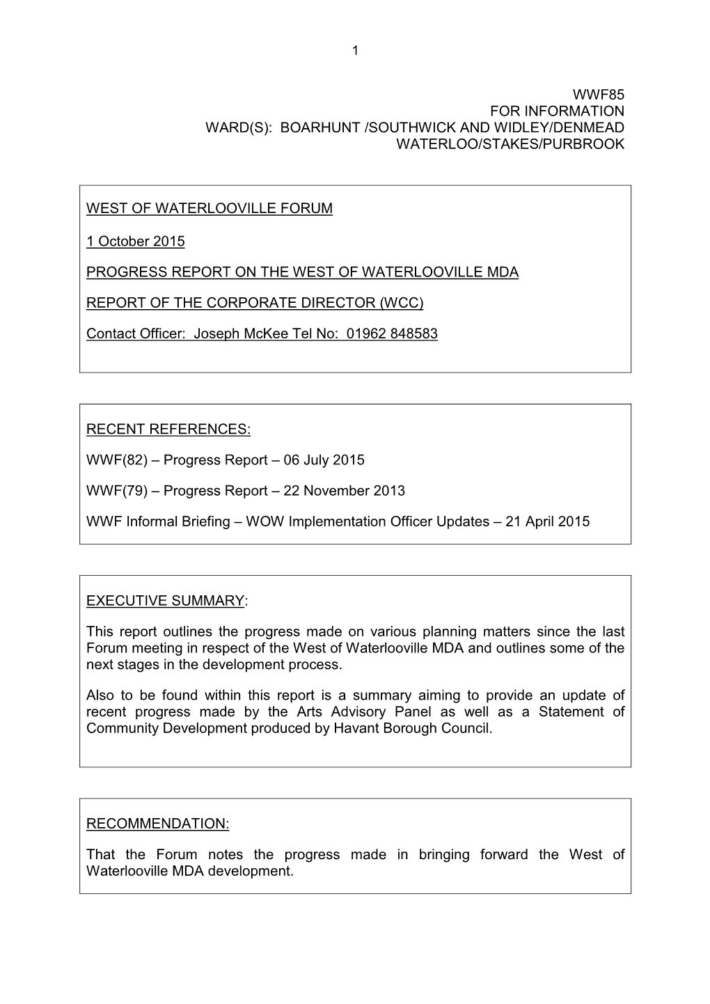 Wwf85 for Information Ward(S): Boarhunt /Southwick and Widley/Denmead Waterloo/Stakes/Purbrook