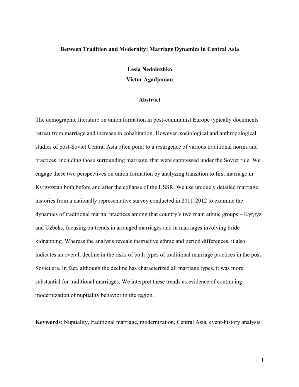 Marriage Dynamics in Central Asia Lesia Nedoluzhko Victor