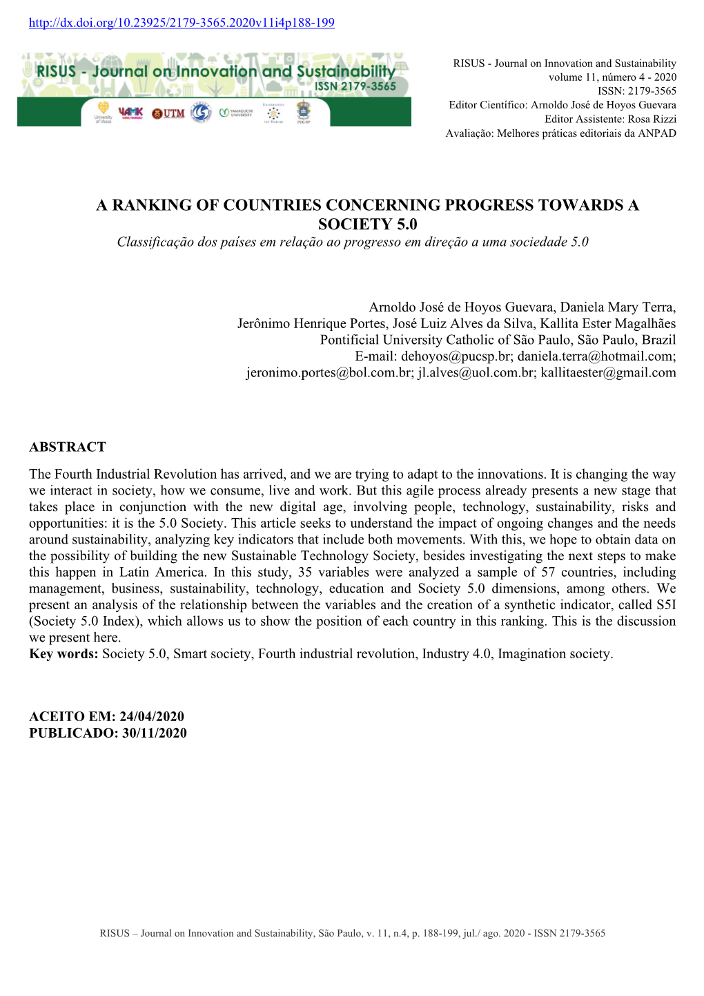 A RANKING of COUNTRIES CONCERNING PROGRESS TOWARDS a SOCIETY 5.0 Classificação Dos Países Em Relação Ao Progresso Em Direção a Uma Sociedade 5.0