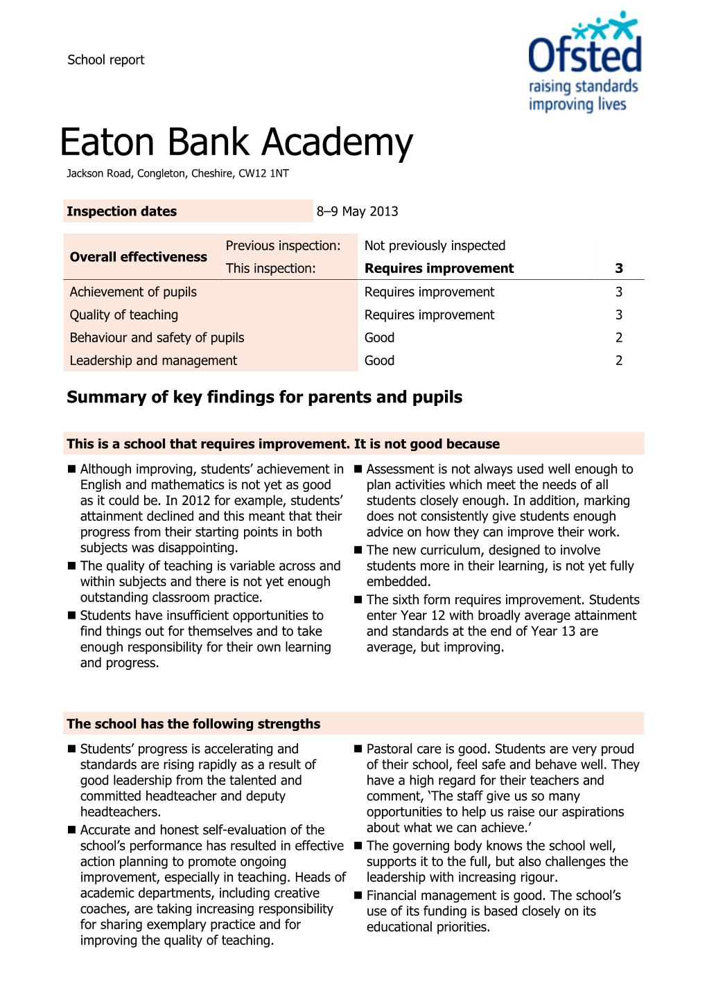 Eaton Bank Academy Jackson Road, Congleton, Cheshire, CW12 1NT