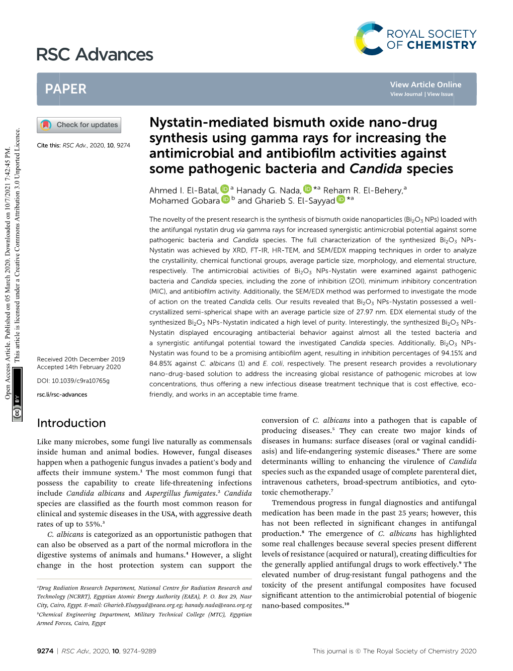 Nystatin-Mediated Bismuth Oxide Nano-Drug Synthesis Using Gamma Rays