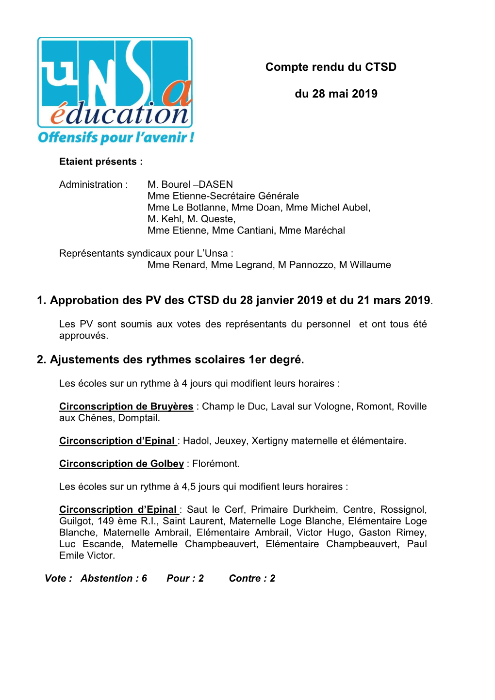 Compte Rendu Du CTSD Du 28 05 2019 Carte Scolaire