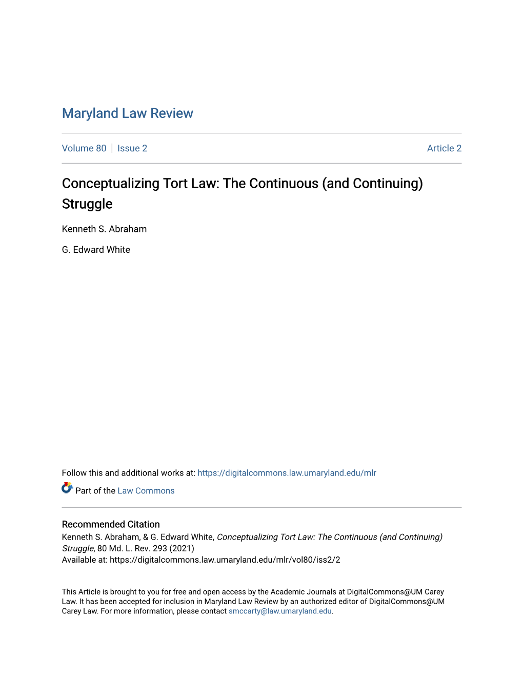 Conceptualizing Tort Law: the Continuous (And Continuing) Struggle
