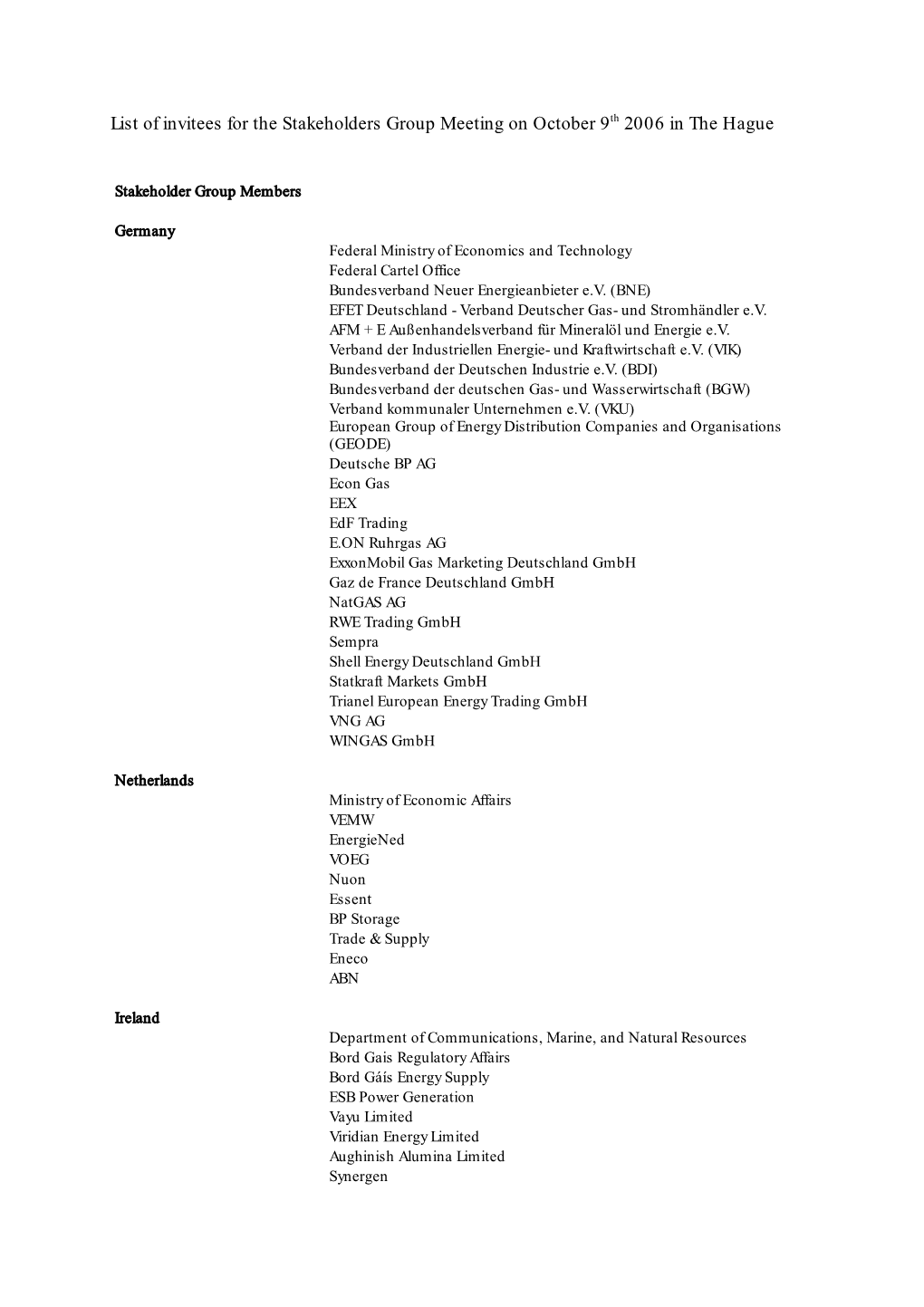 List of Invitees for the Stakeholders Group Meeting on October 9Th 2006 in the Hague