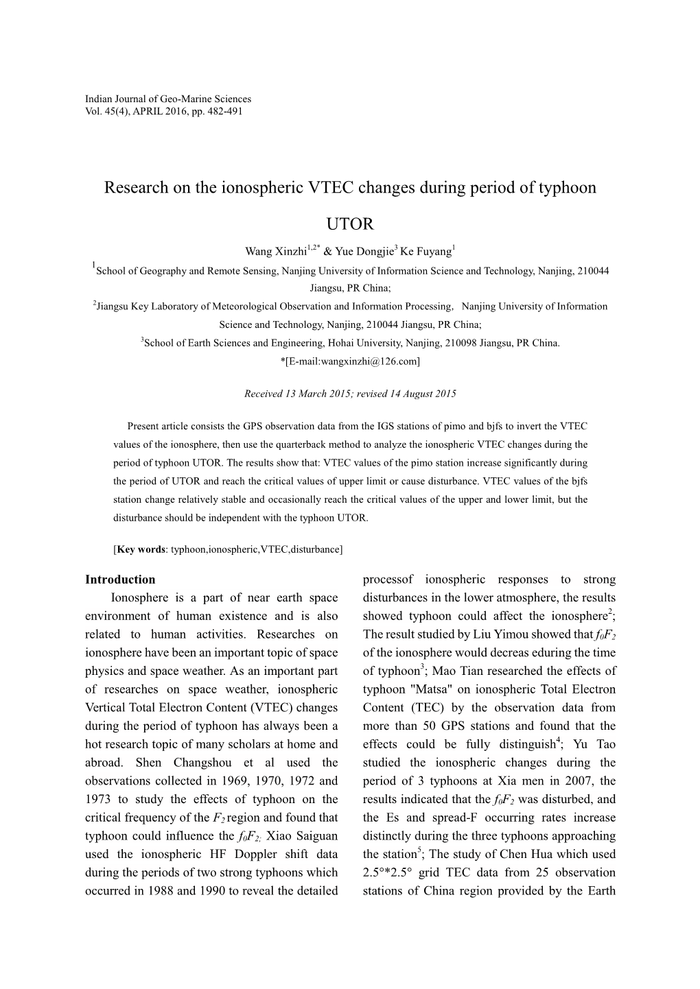 Research on the Ionospheric VTEC Changes During Period of Typhoon UTOR