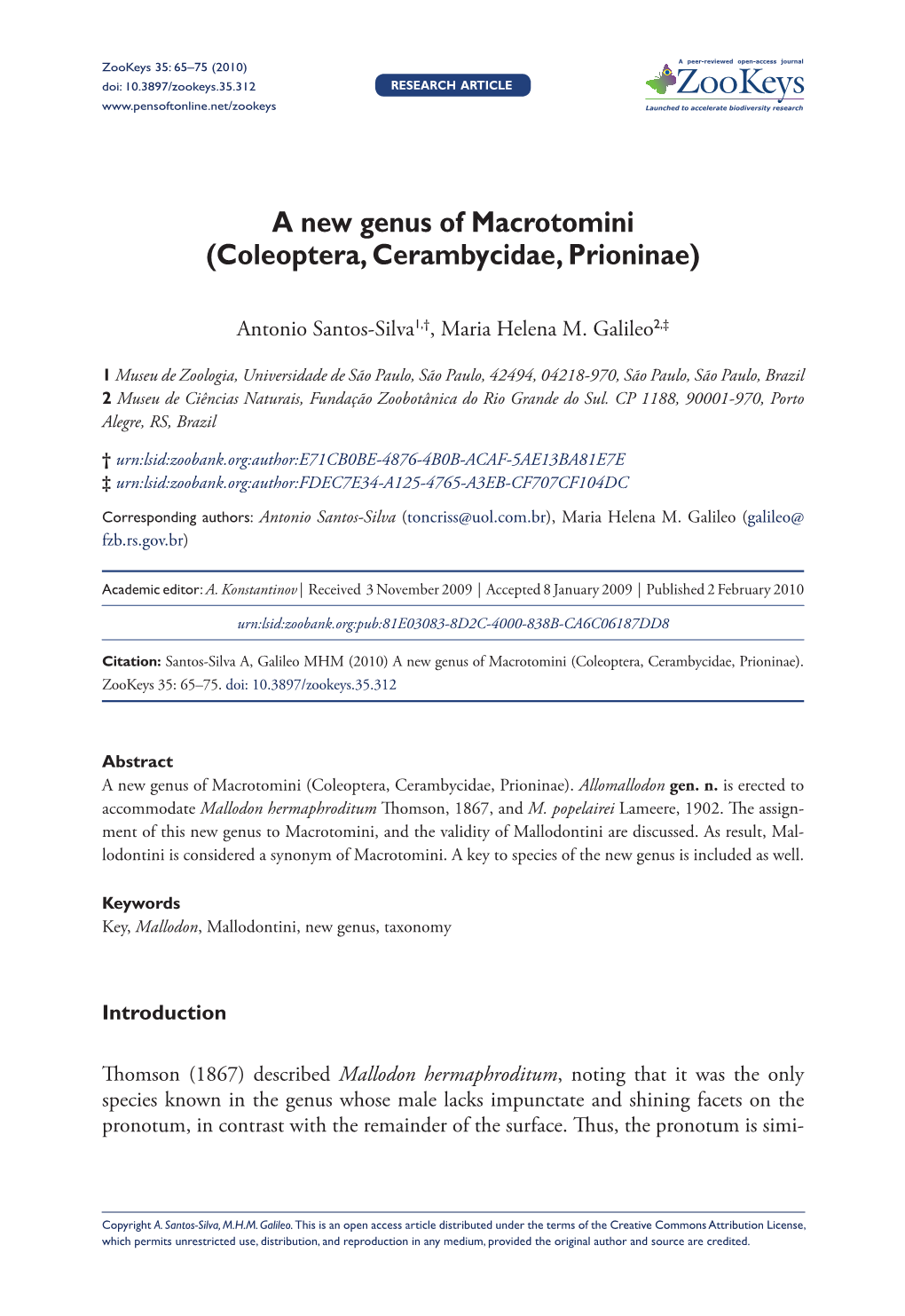 Coleoptera, Cerambycidae, Prioninae) 65 Doi: 10.3897/Zookeys.35.312 RESEARCH ARTICLE Launched to Accelerate Biodiversity Research